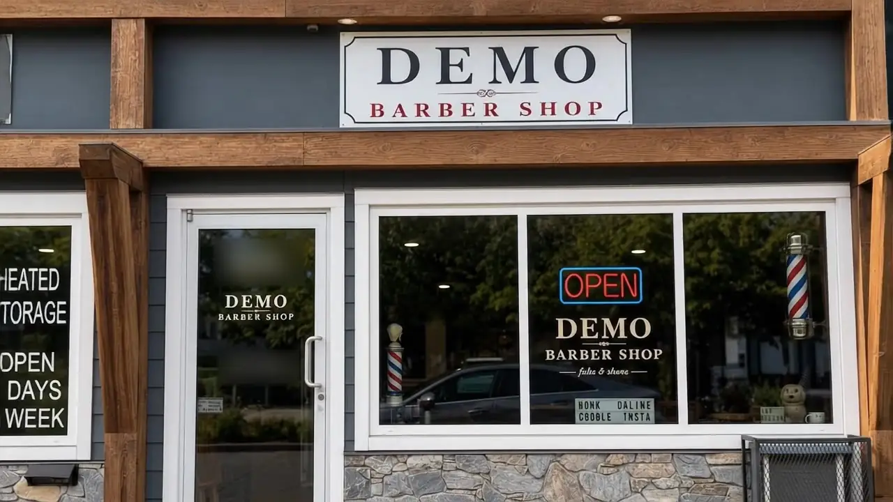 The shopfront of Demo Barber Shop, seen from the pavement outside.