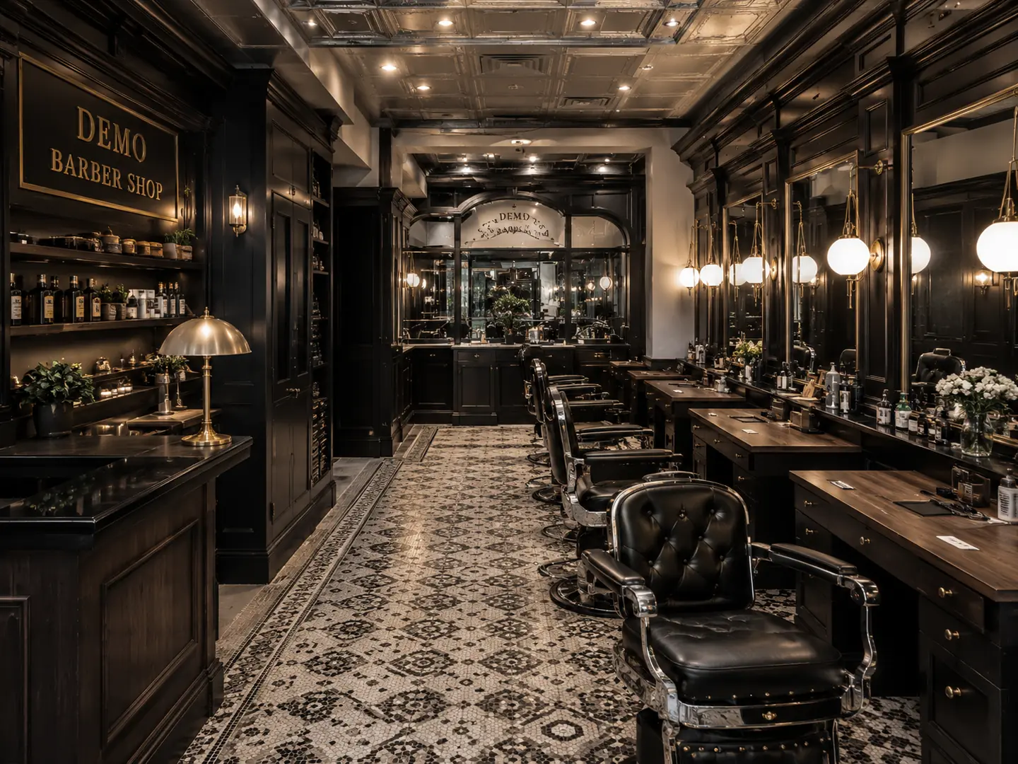 Looking down the aisle of the shop: black panelled walls, brass globe lights and a mosaic tile floor.