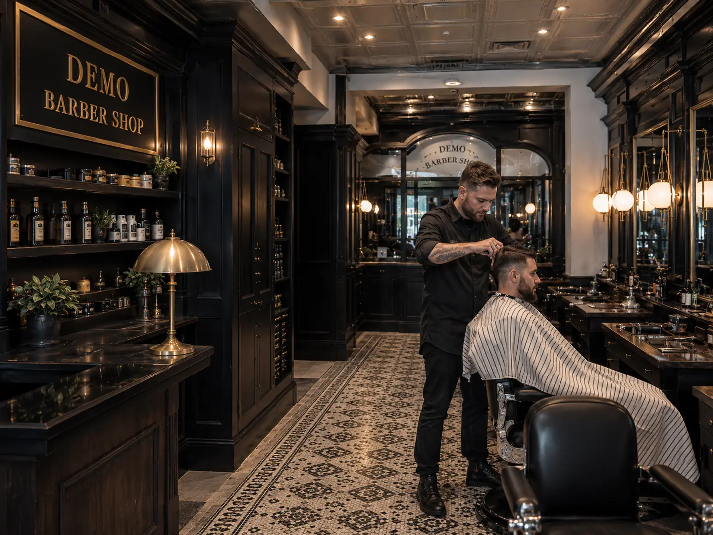 A barber working through the top of a cut, the customer caped in a striped barber cape.