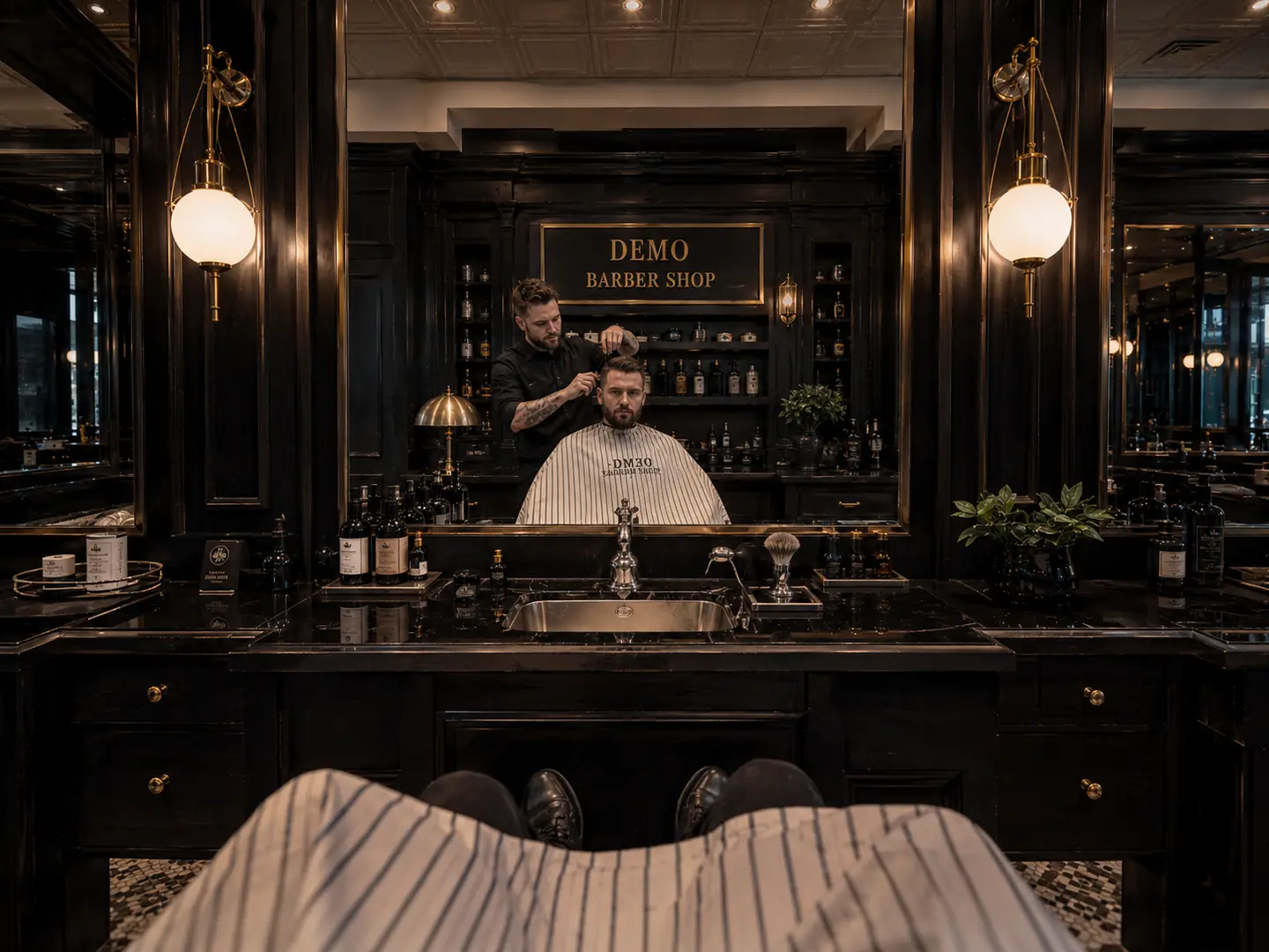 The view from the chair — a wide mirror, a marble counter and the back bar behind.